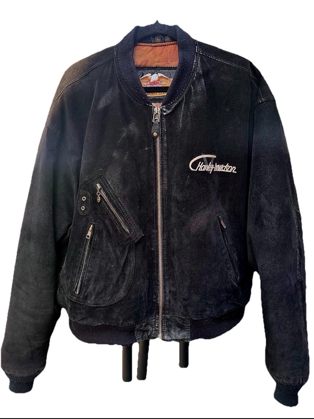 Vintage Harley Davidson Men’s Sz L Black,Suede&Leather Bomber Jacket VTwin power - Picture 2 of 6